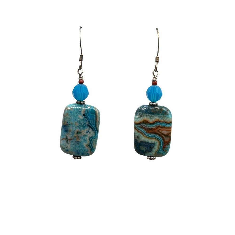 Blue Crazy Lace Agate Stones Dangles Earrings Sterling 925 Hooks Gemstone Dangle